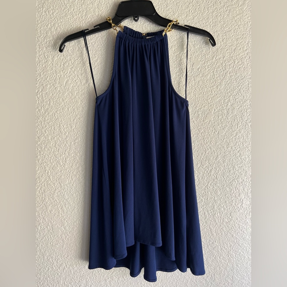 Michael Kors Navy Blue Flowy Halter Top With Gold Chain Neckline Detail SZ XXS